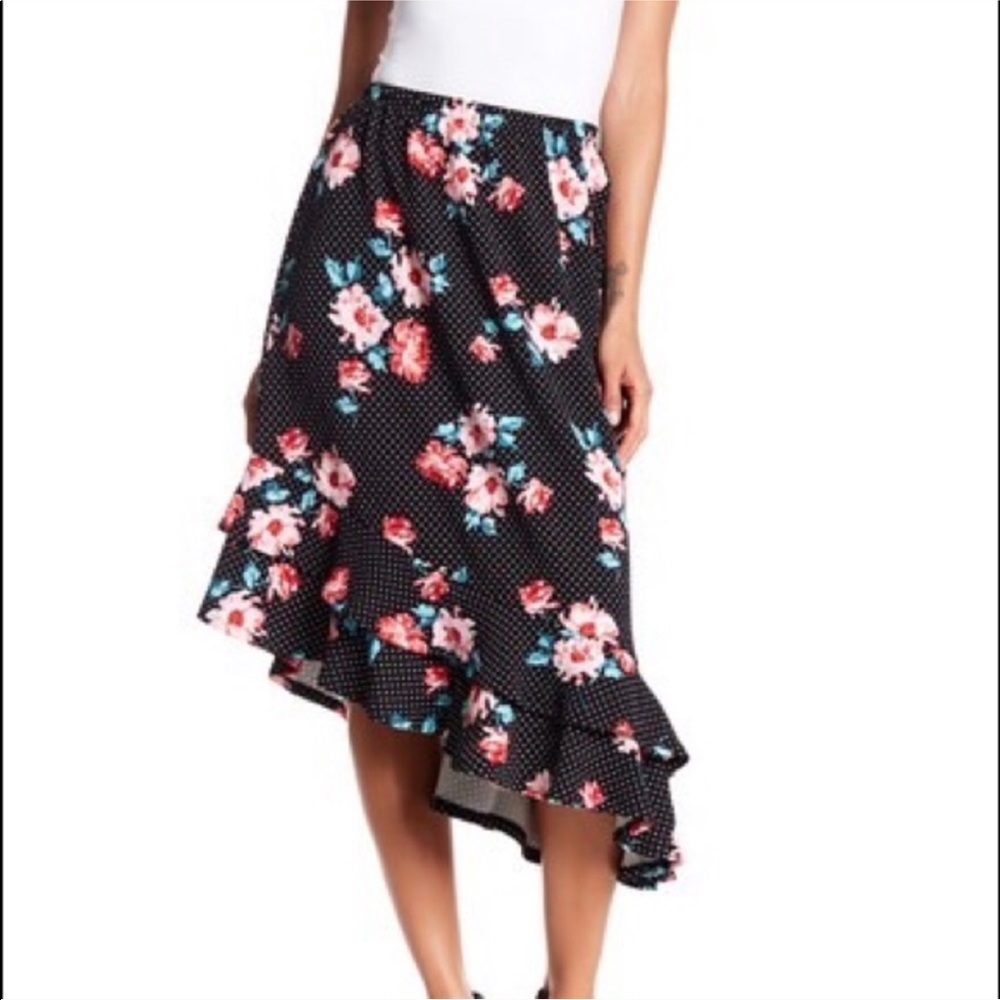 Bobeau Asymmetrical Black Floral Polka Dot Skirt S